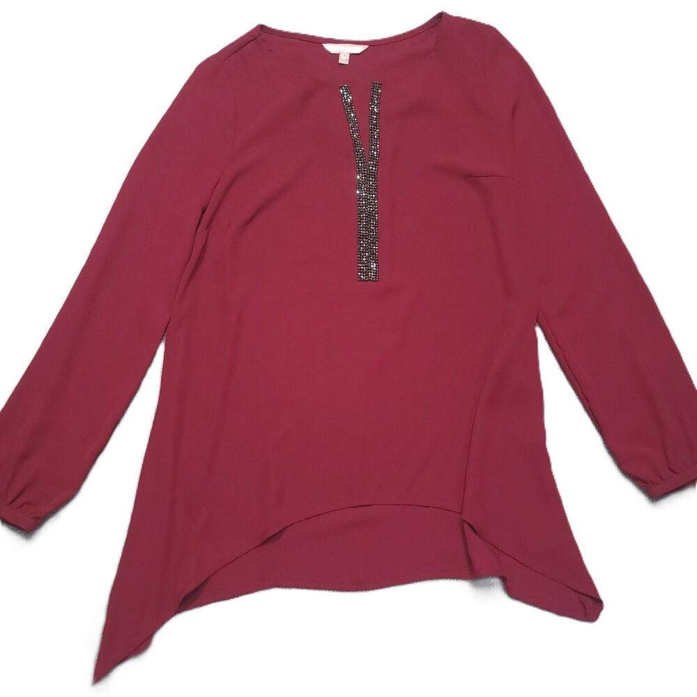 Juicy Couture Tunic Womens S Top Maroon Long Sleeve Embellished V Neck Blouse
